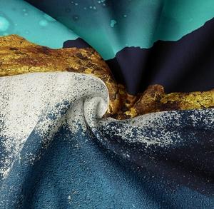 Macro shot of abstract mountain print tapestry showing smooth fabric texture and gold cyan colors