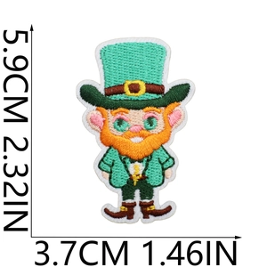 Detailed view of Leprechaun embroidery patch with size measurements in cm and inches
