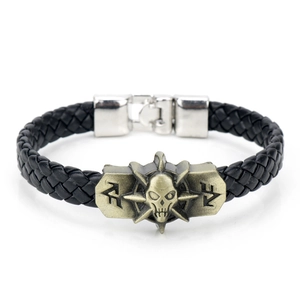 Retro punk braided leather bracelet with skull motif and brass star compass charm
