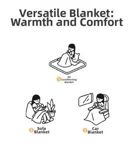 Illustration showing versatile checkered blanket used as AC quilt, sofa throw, and car travel rug