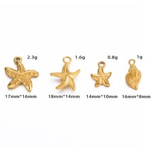 Golden stainless steel starfish and conch charms with specific sizes and weights shown