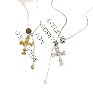 Cross pendant necklace with sparkling rhinestones and gemstone beads on snake chains