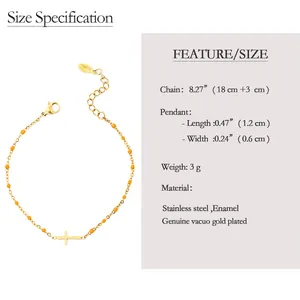 Detailed size chart of stainless steel cross bracelet with orange enamel beads