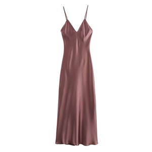 Elegant dusty rose satin slip dress with a glossy finish and fluid drape for women