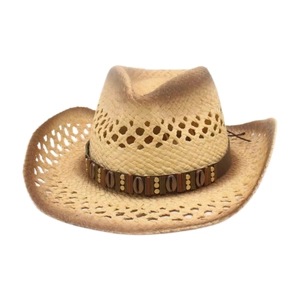Hollowed-out straw cowboy sun hat with breathable mesh and decorative beaded leather band