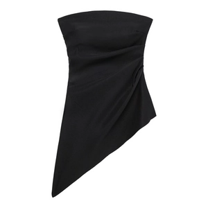 Chic black strapless tube top with ruched waist and asymmetric draped hem for women