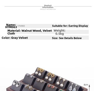 Macro detail of walnut wood and gray velvet earring display stand with height dimension