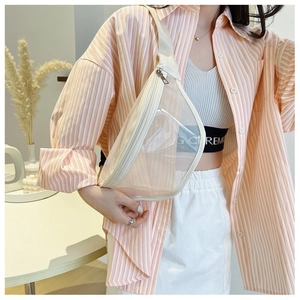 Detail view of transparent PVC chest bag with creamy white zipper and adjustable strap