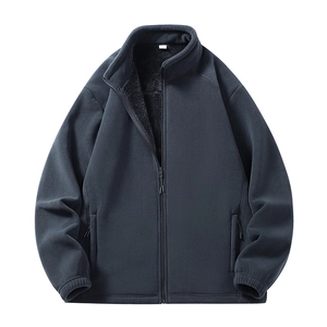Men's dark grey fleece jacket with stand collar and thickened warm lamb lining