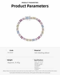 Detailed chart showing 925 sterling silver bracelet specs with colorful 5A cubic zirconia