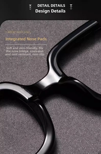 Close-up of seamless integrated nose pads on black square frame reading glasses