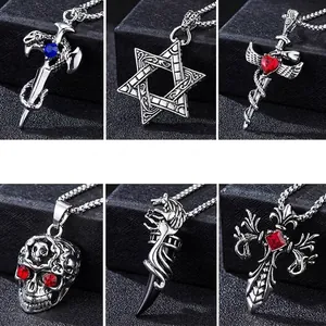 Gothic punk pendants set with dragon, sword, and hexagram styles in vintage silver finish
