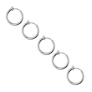 Minimalist silver stainless steel clip-on earrings for non-pierced ears, set of five rings