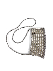 Detail of hand-woven silver sequin crossbody bag with metallic bead chain and mesh texture