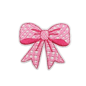 Pink bow embroidery patch with checkered pattern and white stitched edges for hair accessories
