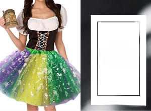 Close-up of tricolor tulle party skirt with silver sequins and carnival patterns