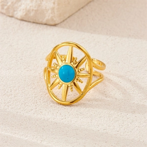 Detailed close-up of 18K gold-plated starburst ring with turquoise bead and open band