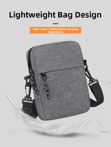Detail view of lightweight dark gray oxford fabric crossbody bag with adjustable strap
