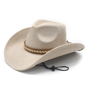 Classic beige faux suede cowboy hat with brown braided band and adjustable drawstring