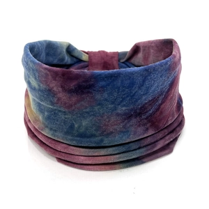 Detail of bohemian paisley stretch cotton headband in dark blue and purple tie-dye pattern
