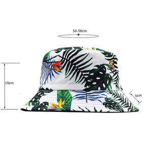 Tropical leaf print bucket hat with 56-58cm head circumference size specifications