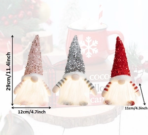 Detailed view of three glowing Christmas gnomes with sequins and dimensions 29x12x11cm