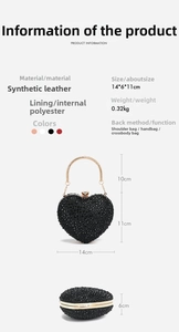 Detailed size specifications for heart-shaped rhinestone handbag with strap options