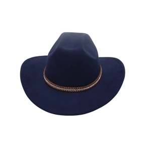 Classic navy blue western cowboy hat with studded brown decorative band on white background