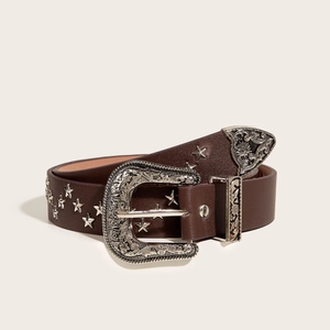 Brown western leather belt with vintage star rivets and engraved silver buckle
