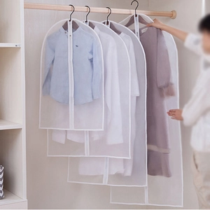 Semi-transparent PEVA garment dust bags in four sizes for closet storage and organization
