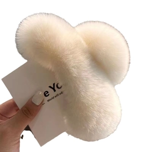 Oversized cream white faux rabbit fur hair claw clip for women with soft plush texture