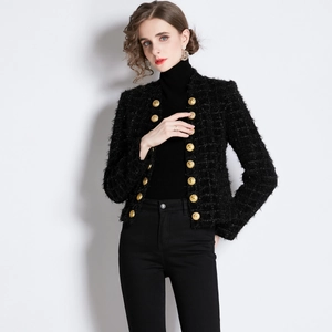Slim fit black tweed jacket for women featuring gold buttons and fringe details