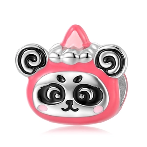 Pink and silver 925 silver panda charm bead with enamel details for DIY bracelets