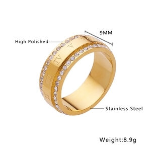 Polished 9mm gold stainless steel ring featuring roman numerals and cubic zirconia