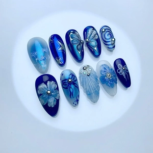 Blue Flower Butterfly Press On Nails 3D Shell Pattern Gradient Stiletto Fake Nails For Women With Artificial Pearl Rhinestone