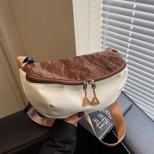 Caramel and beige contrast dumpling crossbody chest bag with stylish pleated leather texture