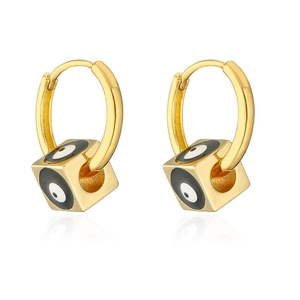 Detailed close-up of 18K gold plated hoop earrings with black and white evil eye enamel cubes