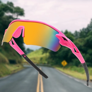 Pink cycling sunglasses with colorful polarized lenses for outdoor sports in road environment