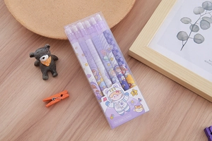 Macro detail of 6-piece purple astronaut mechanical pencils 0.5mm in travel stationery box