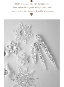 Detailed close-up of clear acrylic snowflake and icicle ornaments with crystal-like texture