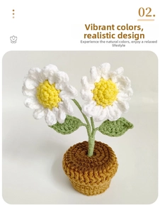 Close-up of handmade crochet daisy potted plant with detailed white petals and green leaves