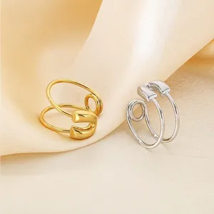 Stainless Steel Safety Pin Open Ring Minimalist Double Layer Spiral Adjustable Punk Band Jewelry For Women