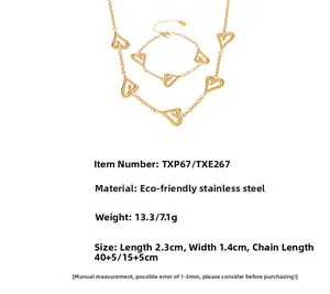 Specifiche dettagliate sulle dimensioni per set collana e bracciale con ciondolo a cuore