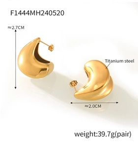 Detailed view of gold-plated titanium steel teardrop earrings with dimensions and weight info