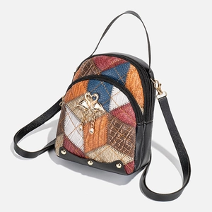 Women's minimalist multi-color patchwork mini backpack with golden swan metal buckle