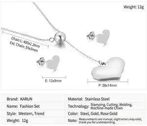 Detailed size specifications for heart pendant necklace and earring set in stainless steel