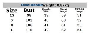 Size guide table for women's cropped jacket showing XS to L dimensions and fabric weight