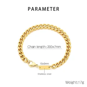 Detail of 200mm gold stainless steel Cuban chain bracelet with 15x5mm engravable plate