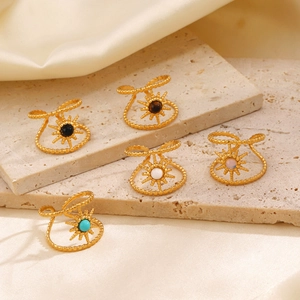 Adjustable gold plated stainless steel sunburst rings with colorful natural stones