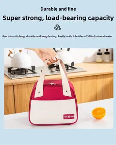 Detail of canvas lunch bag with reinforced handle rivets and Tasty Food label